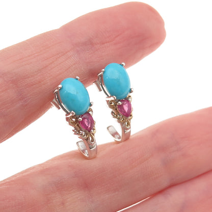 Chuck Clemency 925 Sterling Silver 2-Tone Real Turquoise & Ruby Earrings