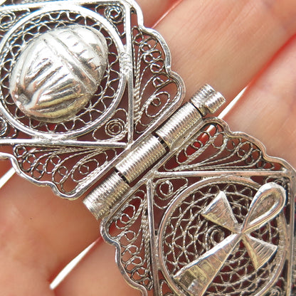 800 Silver Vintage Egyptian Symbols Filigree Oxidized Panel Link Bracelet 7.5"