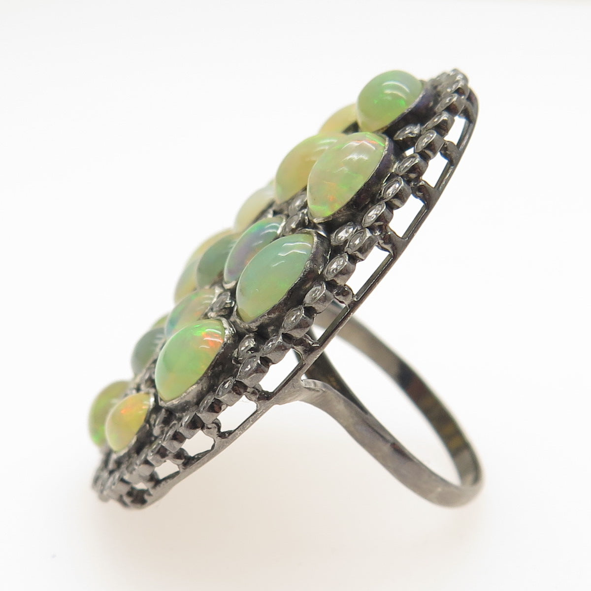 925 Sterling Silver Black Rhodium Real Opal & White Topaz Cluster Ring Size 6.75