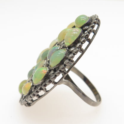 925 Sterling Silver Black Rhodium Real Opal & White Topaz Cluster Ring Size 6.75
