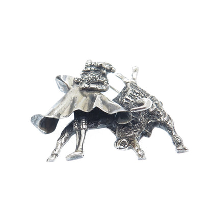 925 Sterling Silver Vintage Mexico Matador Bull Fighter Oxidized Pin Brooch