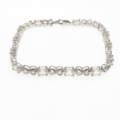 925 Sterling Silver Real Diamond Accent & White Topaz Infinity Bracelet 7.5"