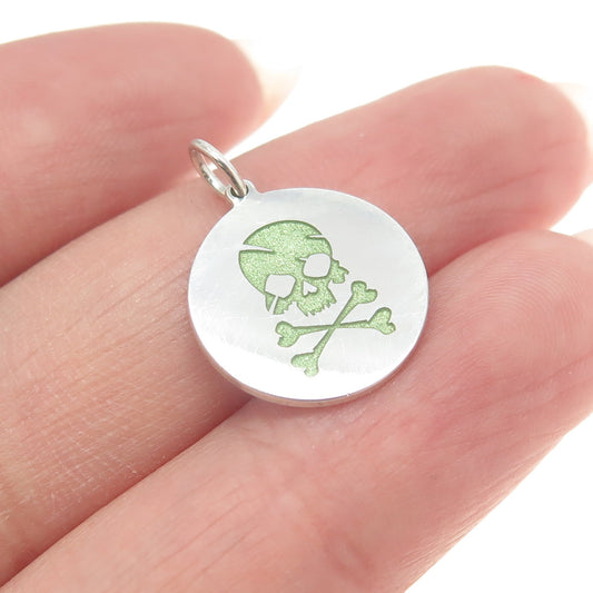 925 Sterling Silver Green Enamel Skull & Bones Charm Pendant