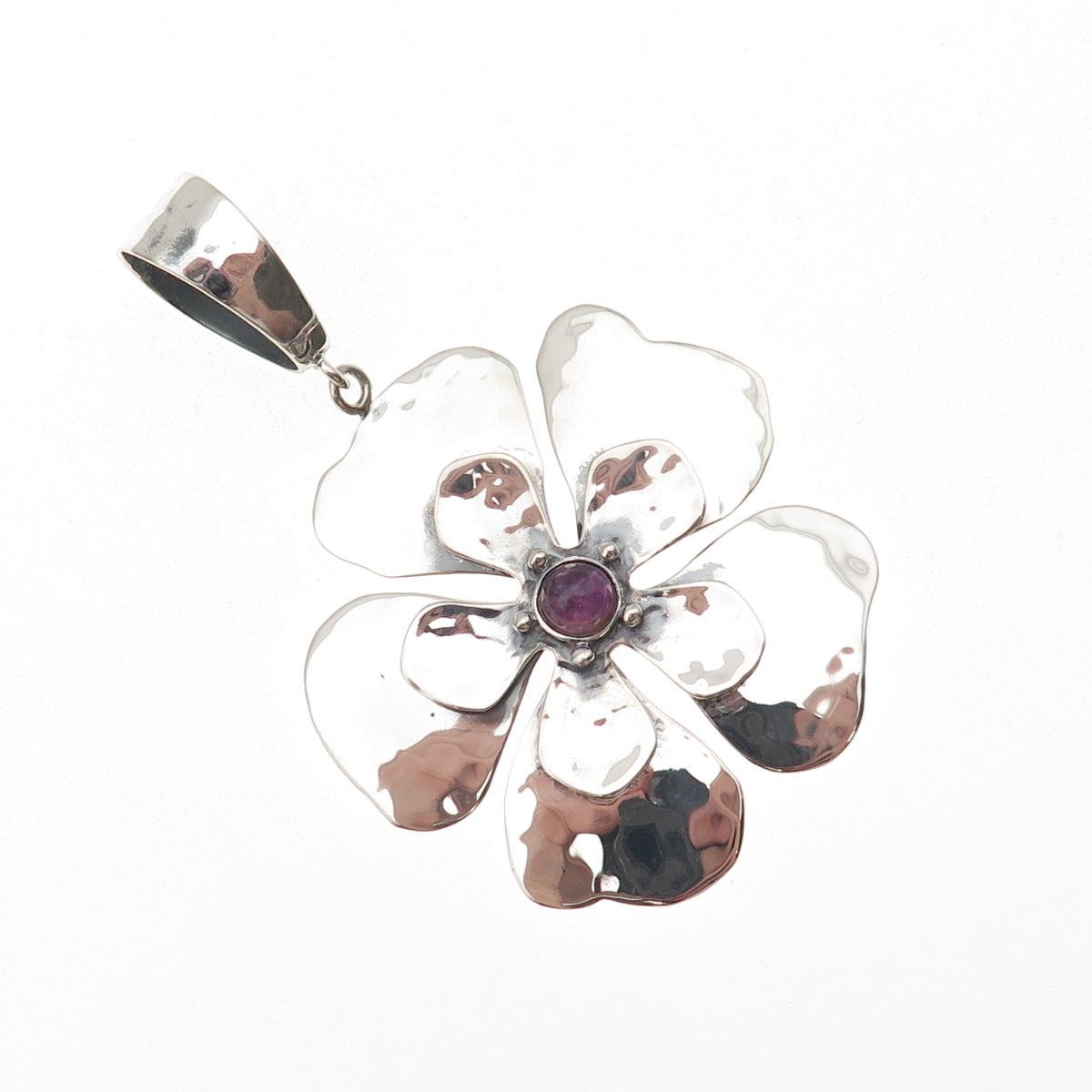 AIL Aluma 925 Sterling Silver Vintage Real Amethyst Flower Hammered Pendant