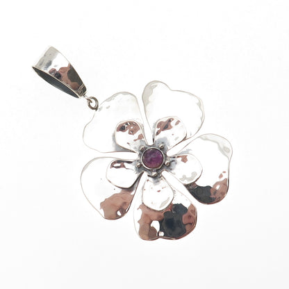 AIL Aluma 925 Sterling Silver Vintage Real Amethyst Flower Hammered Pendant