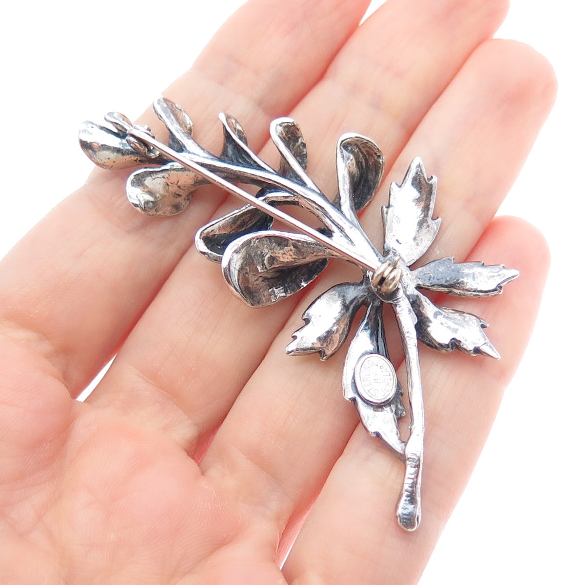 JEWELART 925 Sterling Silver Vintage Modernist Flower Oxidized Pin Brooch