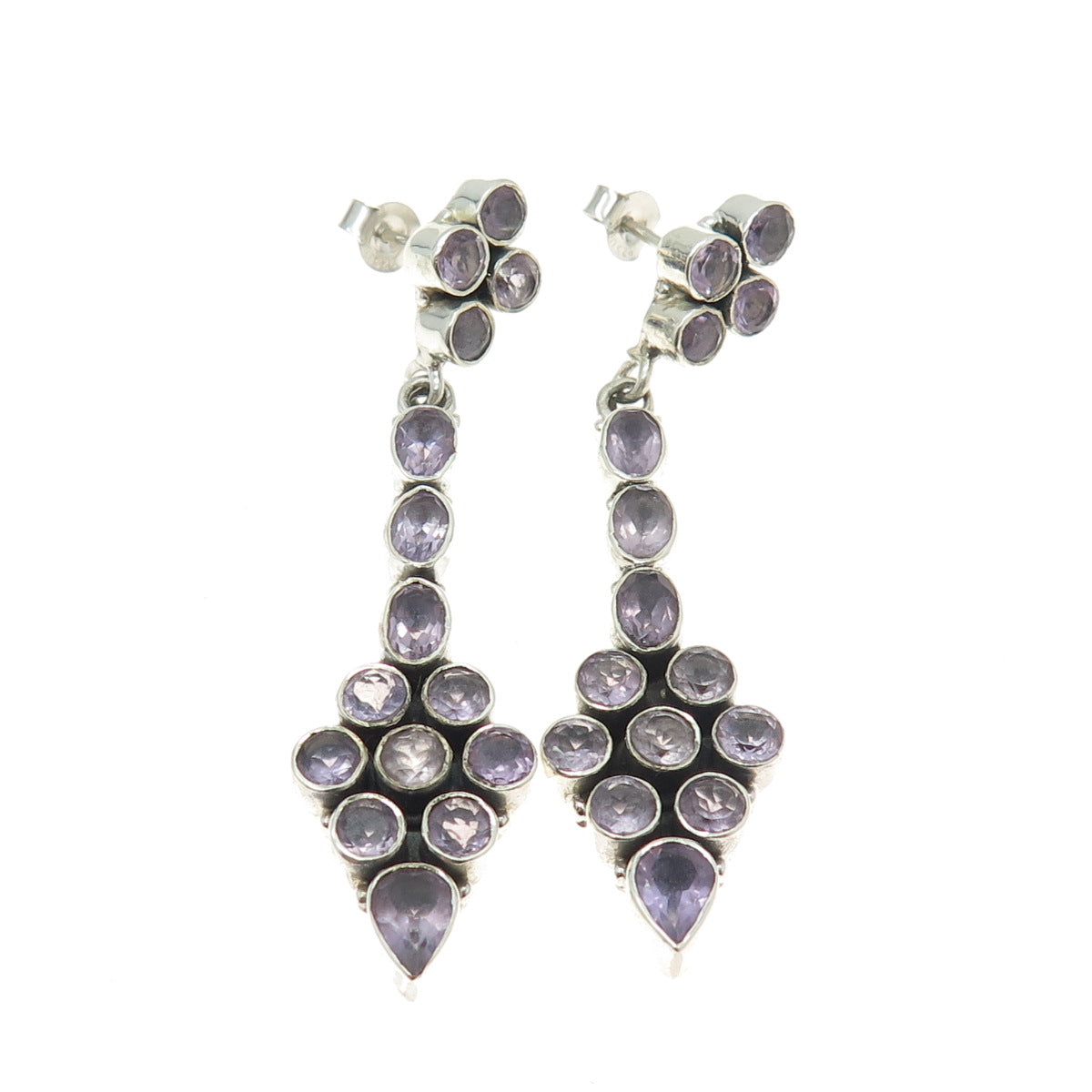 925 Sterling Silver Vintage Real Round Pear Oval-Cut Amethyst Dangling Earrings