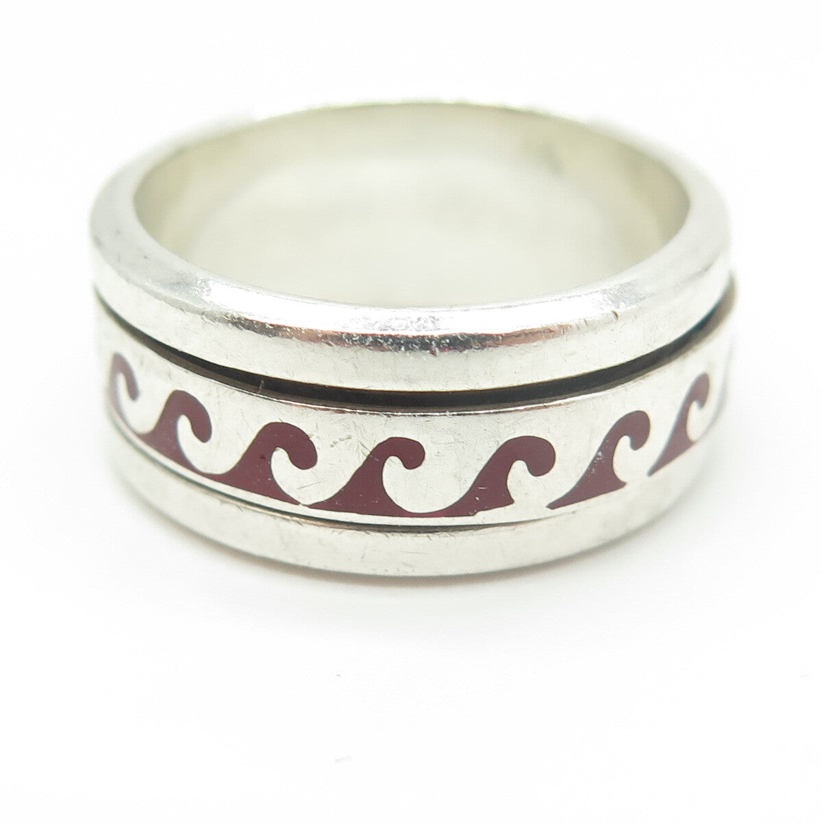925 Sterling Silver Vintage Mexico Enamel Water Pattern Band Ring Size 10.5