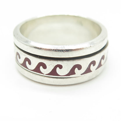 925 Sterling Silver Vintage Mexico Enamel Water Pattern Band Ring Size 10.5