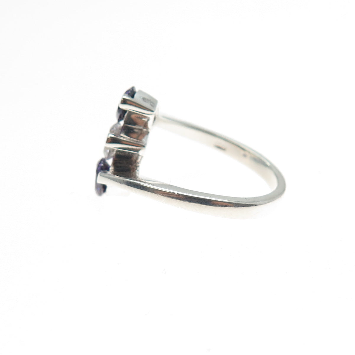 925 Sterling Silver Vintage Round-Cut Purple & White C Z Bypass Ring Size 7.25