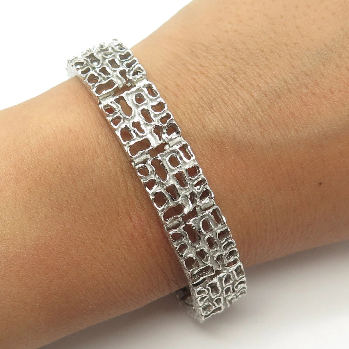 925 Sterling Silver Vintage Open Nugget Panel Link Bracelet 7"