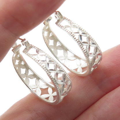 925 Sterling Silver Vintage Mexico Diamond-Cut Flower Hoop Earrings