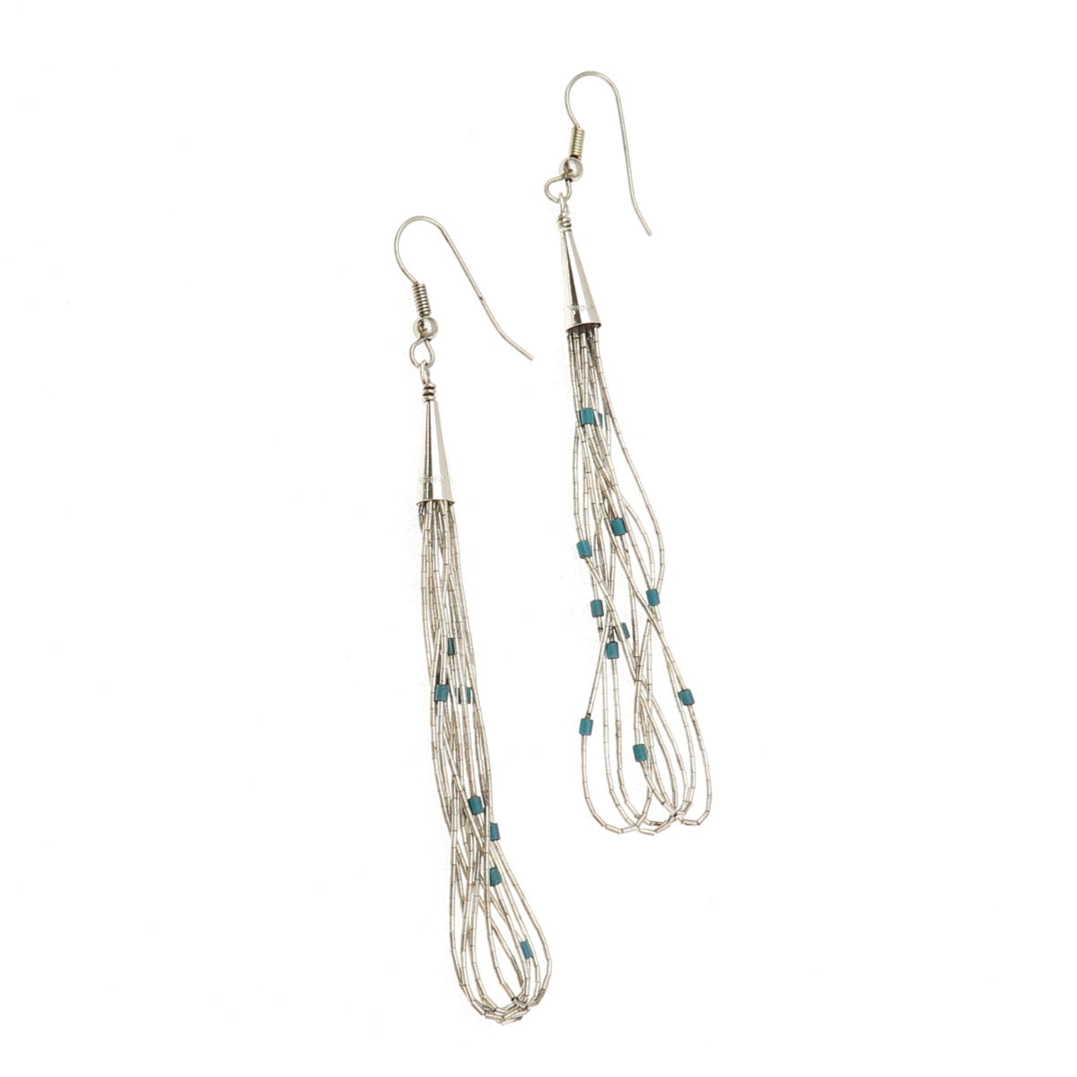 Old Pawn Sterling Silver Vintage Turquoise Liquid Chain Tribal Dangle Earrings