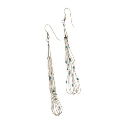 Old Pawn Sterling Silver Vintage Turquoise Liquid Chain Tribal Dangle Earrings