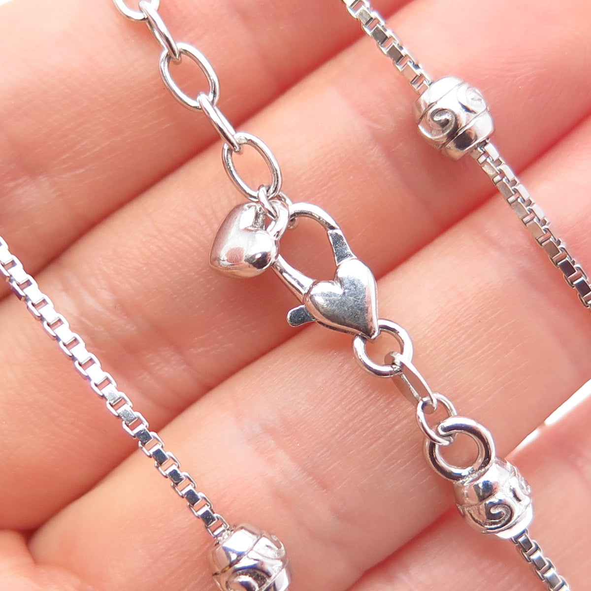 DASAN 925 Sterling Real Diamond Heart Bead By The Yard Box Chain Necklace 18-20"