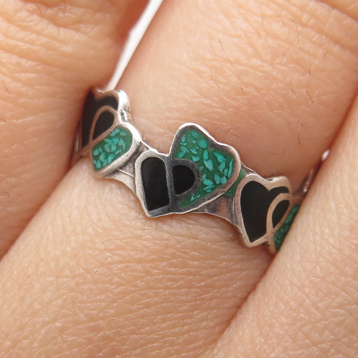 925 Sterling Silver Vintage Mexico Enamel Real Turquoise Inlay Heart Ring Size 7