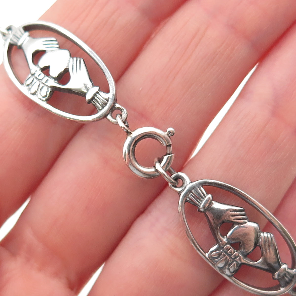 Solvar 925 Sterling Silver Vintage Irish Claddagh Link Oxidized Bracelet 7"