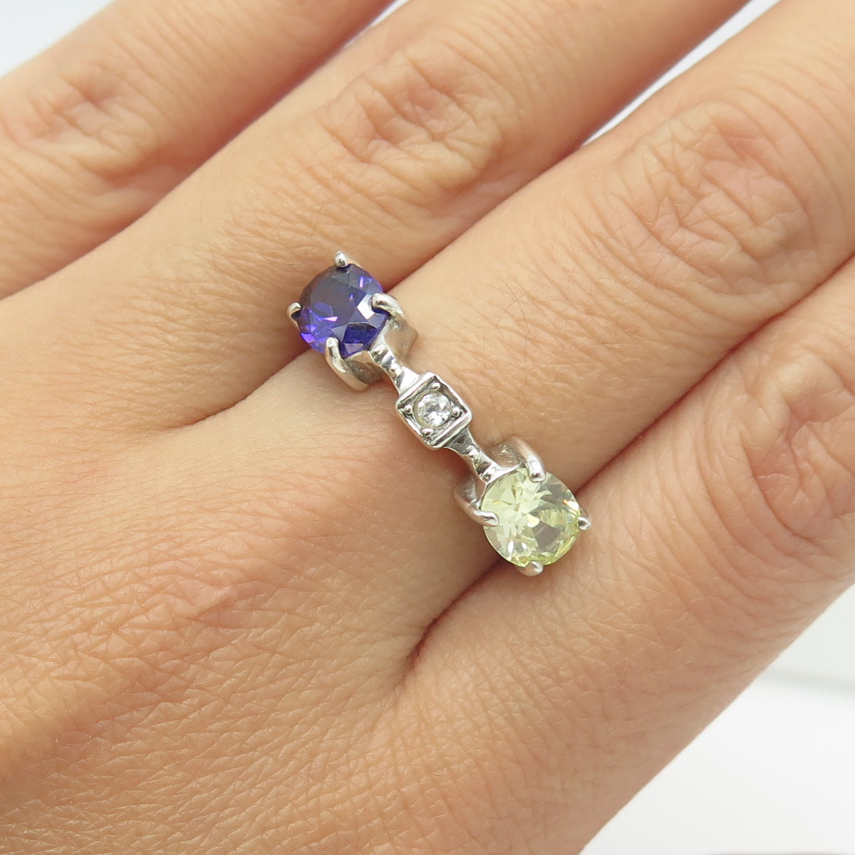 925 Sterling Silver Real Amethyst Peridot & Round-Cut C Z Ring Size 8