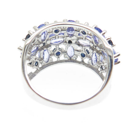 DSMK 925 Sterling Silver Tanzanite & Sapphire Gem Floral Cluster Ring Size 7