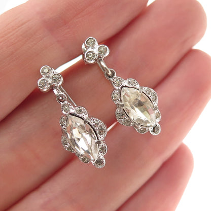 925 Sterling Silver Antique Art Deco Rhinestone Screw Back Dangle Earrings