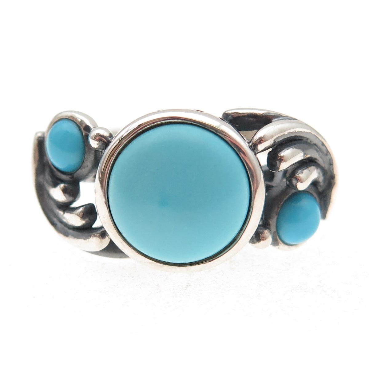 925 Sterling Silver Real Sleeping Beauty Turquoise Floral Oxidized Ring Size 8