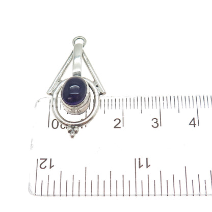 925 Sterling Silver Vintage Real Amethyst Modernist Oxidized Charm Pendant