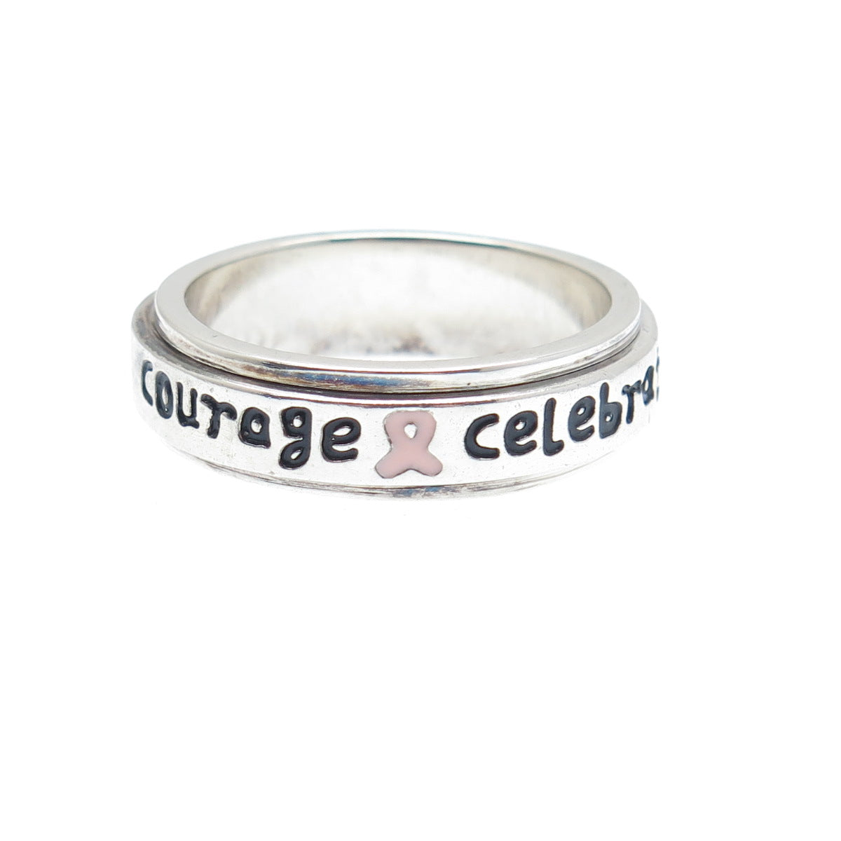 925 Sterling Vintage Enamel Celebrate Courage Cancer Ribbon Spin Ring Size 9.25
