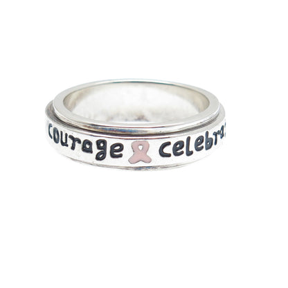 925 Sterling Vintage Enamel Celebrate Courage Cancer Ribbon Spin Ring Size 9.25