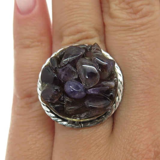 925 Sterling Silver Vintage Real Amethyst Gemstone Modernist Ring Size 7.25