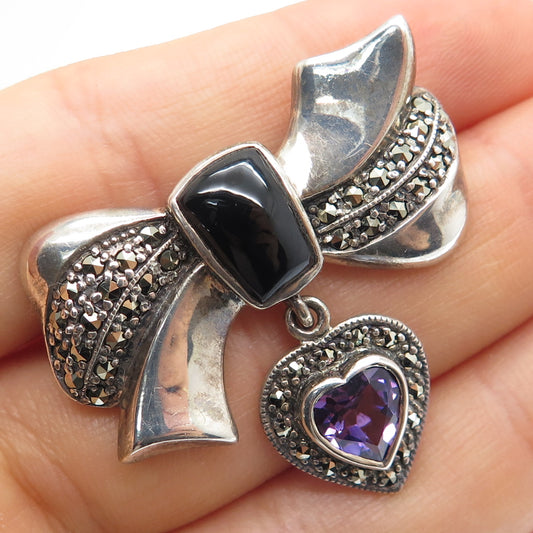 925 Sterling Silver Vintage Real Amethyst Black Onyx Marcasite Heart Bow Brooch