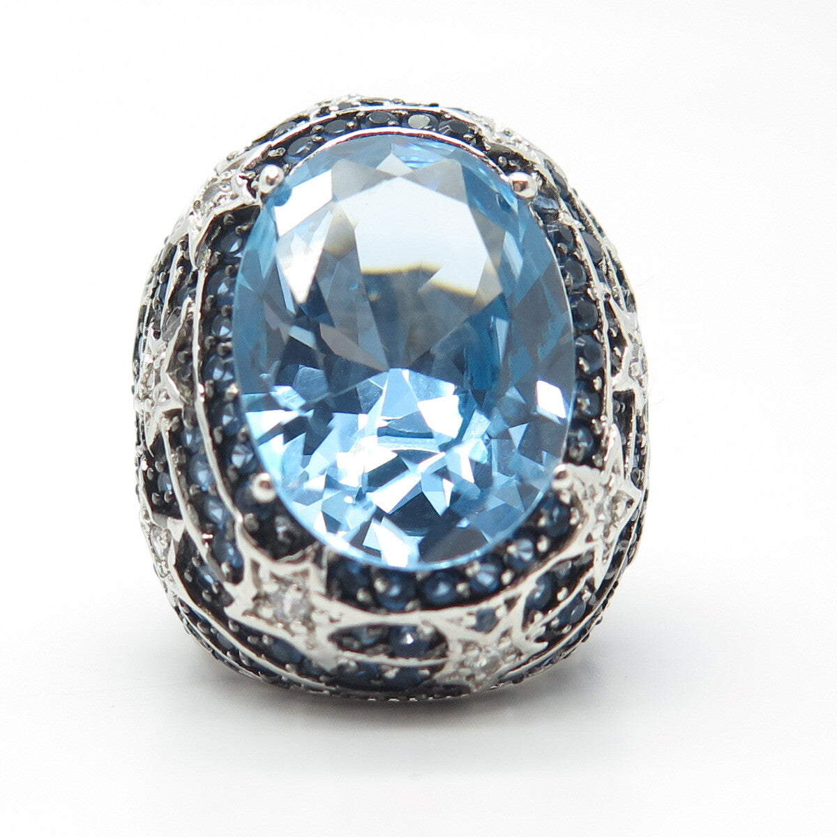 925 Sterling Silver Ocean Blue C Z Wide Ring Size 9.25