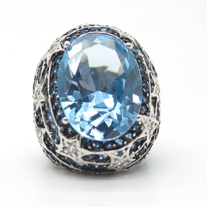 925 Sterling Silver Ocean Blue C Z Wide Ring Size 9.25
