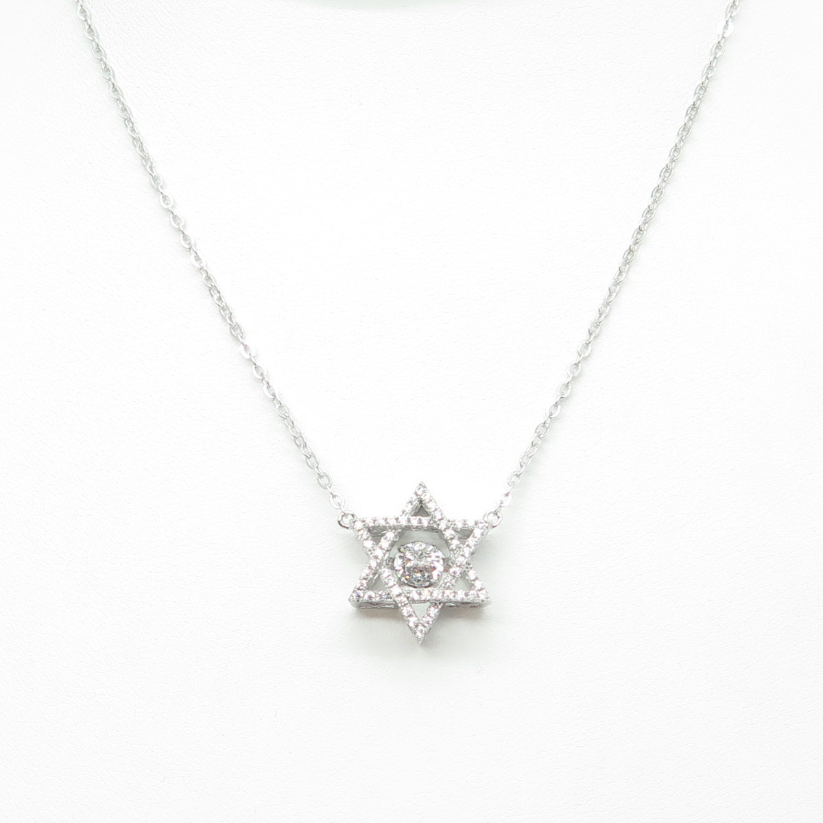 925 Sterling Silver Round-Cut C Z Star of David Cable Chain Necklace 16-18"