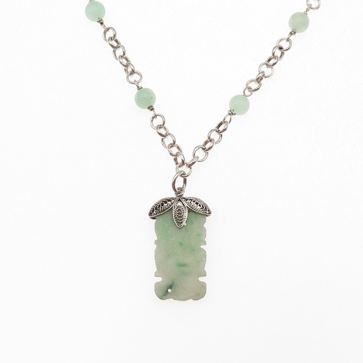 925 Sterling Silver Vintage Real Jade Floral Chain Necklace 18"