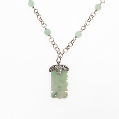 925 Sterling Silver Vintage Real Jade Floral Chain Necklace 18"