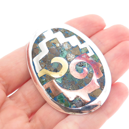 925 Sterling Silver 3-Tone Vintage Mexico Real Azurite Pin Brooch / Pendant
