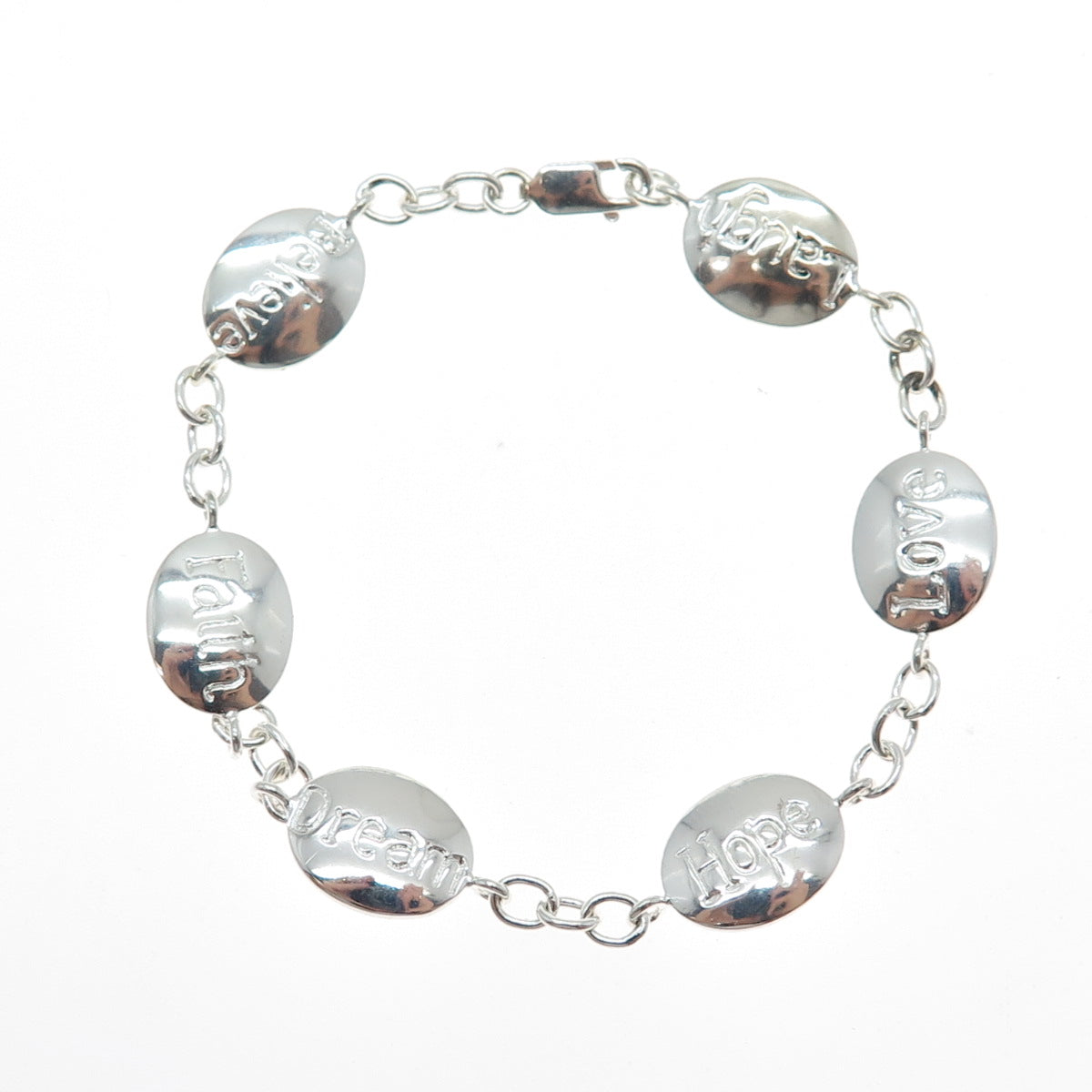 925 Sterling Silver Vintage Believe Faith Dream Hope Love Laugh Bracelet 6.75"