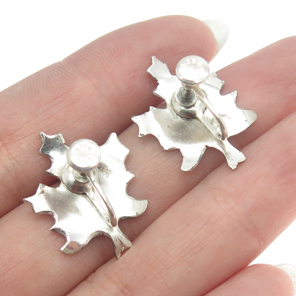 925 Sterling Silver Antique Art Deco Maple Leaf Screw Back Earrings