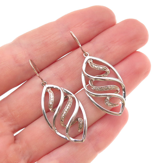 925 Sterling Silver Real Round-Cut Diamond Petal Dangle Earrings