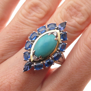 925 Sterling Silver 2-Tone Real Turquoise Sapphire & White Topaz Ring Size 8.25