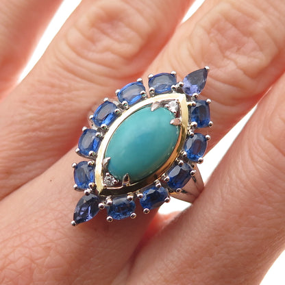 925 Sterling Silver 2-Tone Real Turquoise Sapphire & White Topaz Ring Size 8.25