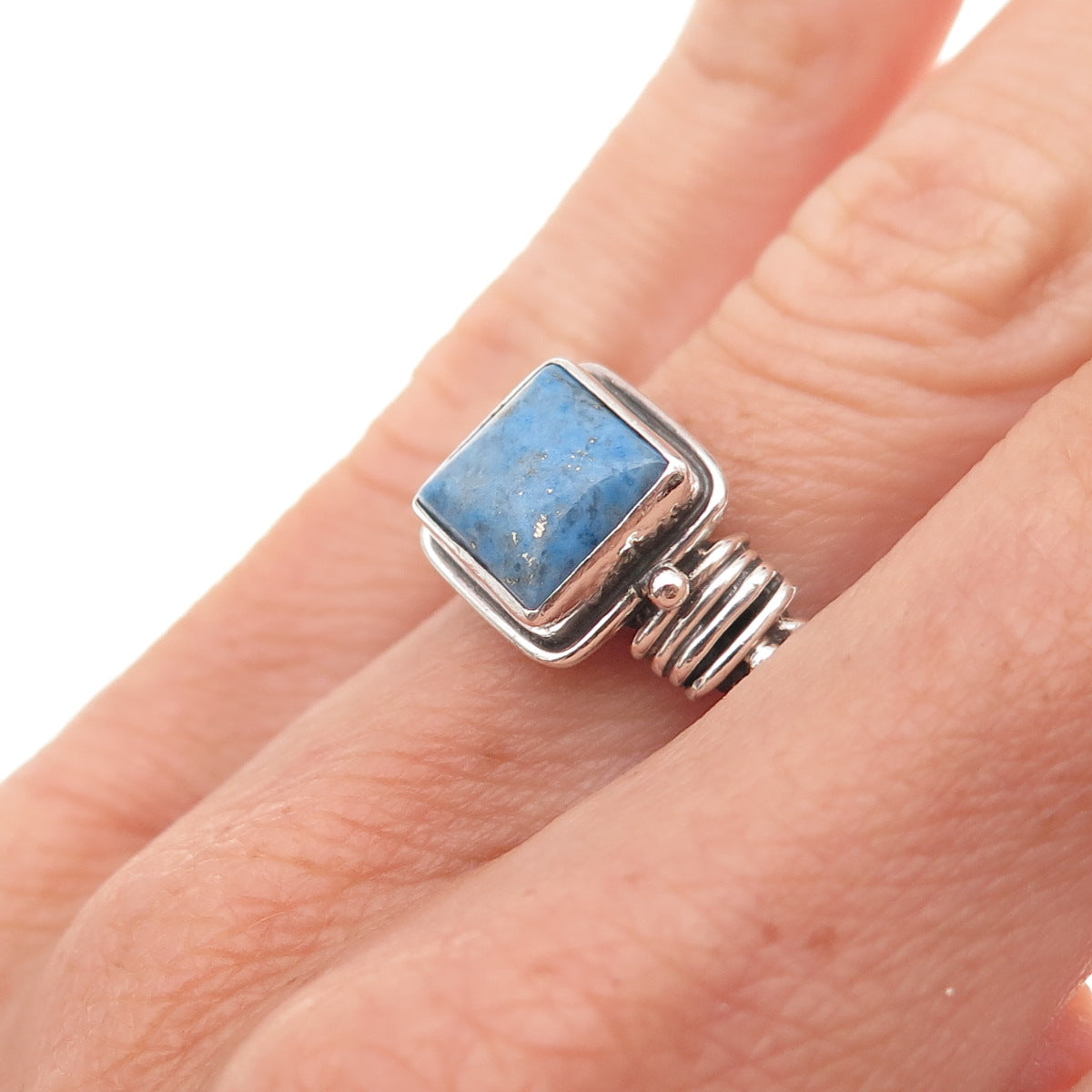 925 Sterling Silver Vintage Real Lapis Modernist Woven Oxidized Ring Size 5