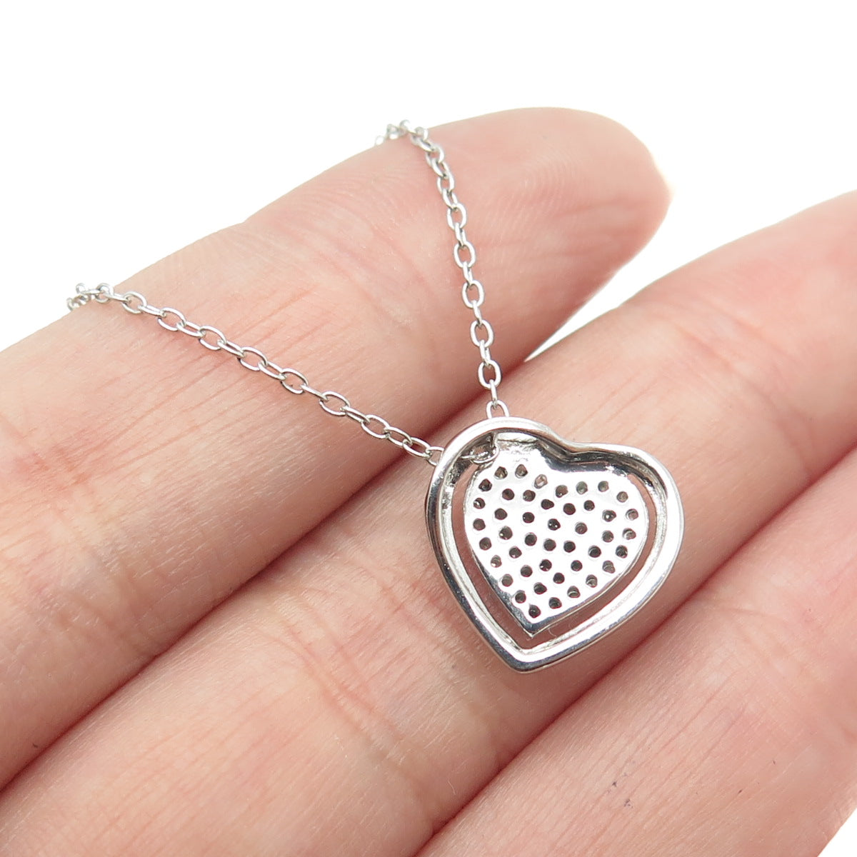 925 Sterling Silver Real Round-Cut Diamond Heart Cable Chain Necklace 18"