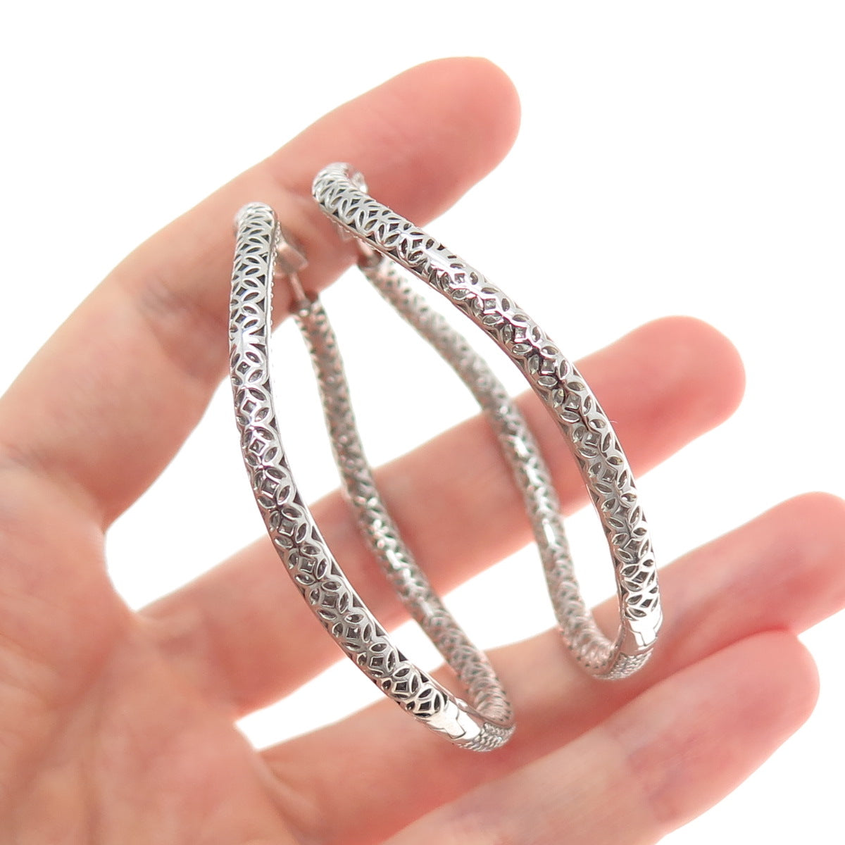 KLEO 925 Sterling Silver Round-Cut C Z In & Out Wavy Large Hoop Earrings