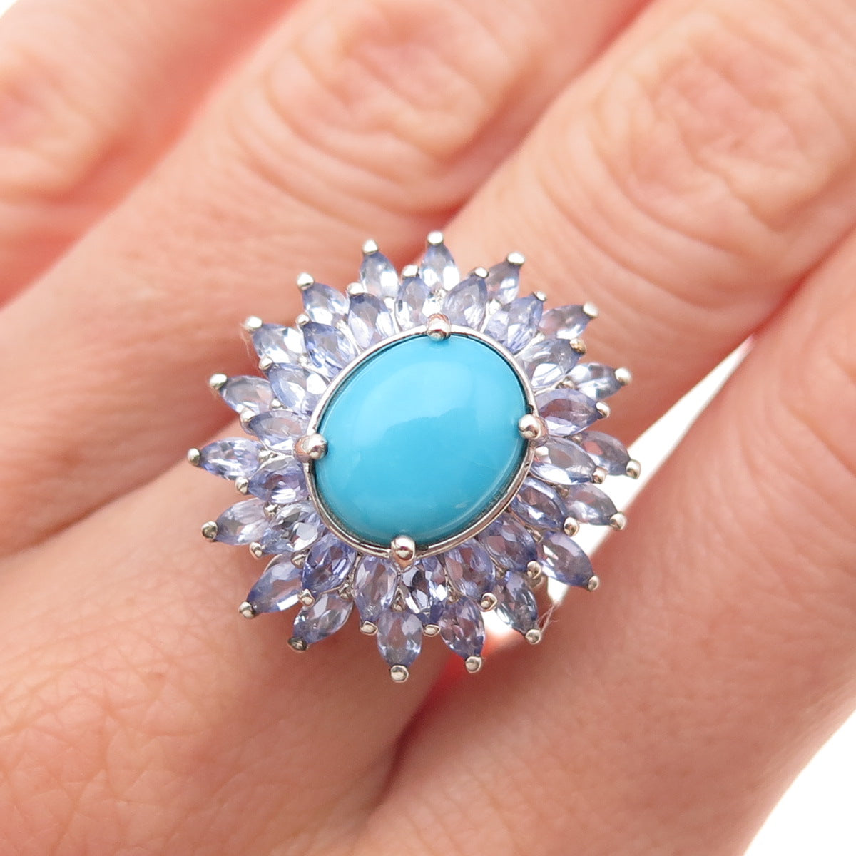 D'Joy 925 Sterling Silver Real Sleeping Beauty Turquoise & Tanzanite Ring Size 8