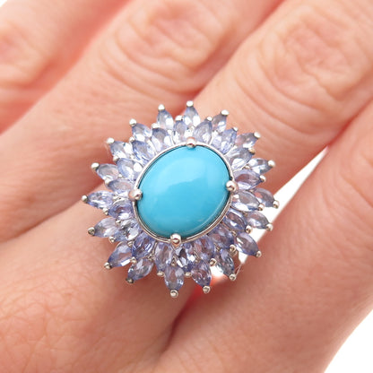 D'Joy 925 Sterling Silver Real Sleeping Beauty Turquoise & Tanzanite Ring Size 8