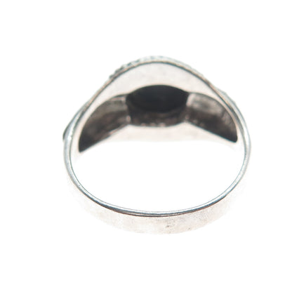 925 Sterling Silver Vintage Real Black Onyx Gemstone Leaf Ring Size 8.25