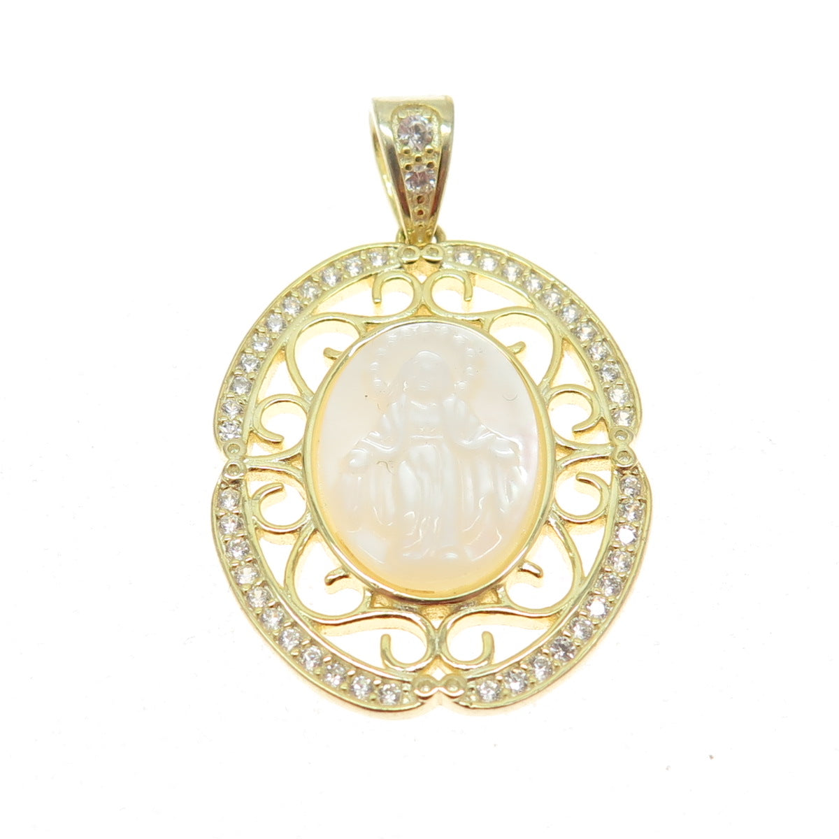 925 Sterling Silver Gold Plated Mother-of-Pearl & C Z Religious Theme Pendant