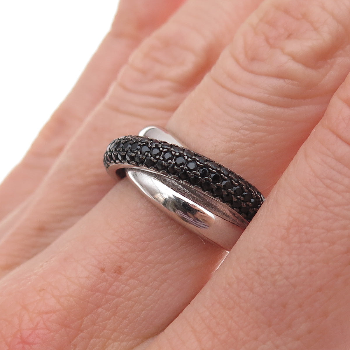 925 Sterling Silver Real Round-Cut Black Spinel Crisscross Ring Size 6.25
