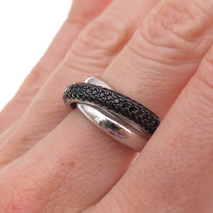 925 Sterling Silver Real Round-Cut Black Spinel Crisscross Ring Size 6.25